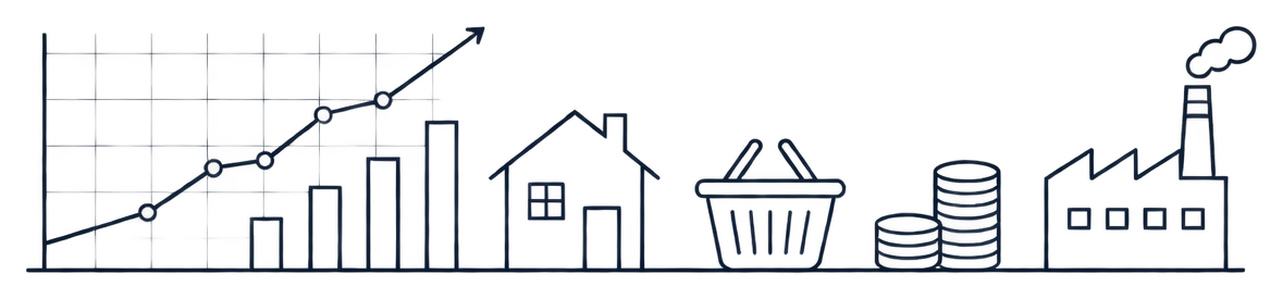 Line illustration of a rising chart, a house, a shopping basket, coins and a factory